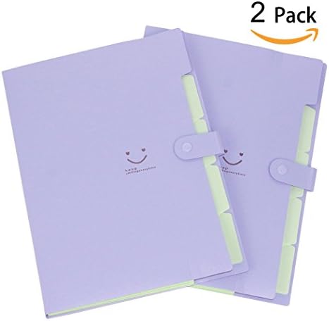 Placstic Expanding File Folders Accordion Document Organizer 5-Pocket A4 Letter Size with Snap Closure for School and Office,Purple,2-Pack