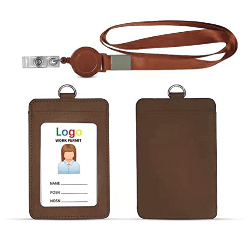 HYCOPROT ID Badge Holder 2-Sided Pu Leather with 1 Id Window and 1 Card Slot and 1 Piece 34.8 Inch Detachable Neck Lanyard id Card Holder for Office School Business Travel Student (Brown, Vertical)