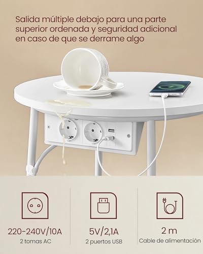 Coleção LILEA - Mesa de Cabeceira, Mesa Redonda com Tomadas de Alimentação, Cesto de Tecido, Espaçosa, Mesa de Cabeceira, Estilo Moderno, Branco Mate e Castanho Camel LET228W02