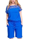 AMZ PLUS Round Neck Lace Short Sleeve Stitching Elastic Plus Size Jumpsuits Blue 3XL