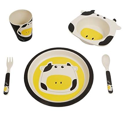 Bridge2Shopping Bamboo Plate Set for Kids, 5 Pcs/Set Bowl Plate Glass Spoon Fork Feeding Bamboo Set, Dinnerware, Cow Design