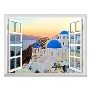 Wall26 Removable Wall Sticker/Wall Mural - Sunset View of The Blue Dome Churches of Santorini, Greece | Creative Window View Home Decor/Wall Decor - 36"x48"