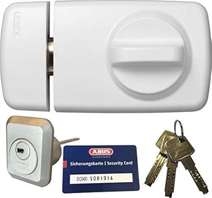 ABUS Tür-Zusatzschloss 7010 W weiß, EC660, Kastenschloss mit Drehknauf, mit 3 Schlüssel und Sicherungskarte, Ausführung EK (M