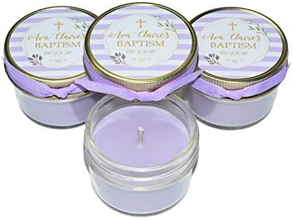 24 Baby Girl Baptism Favors | Personalized soycandles | Christening Table Decor, Centerpiece | Adult, Twins | Favor Box Filler, Bags Filler | Gold (Purple Lavender)