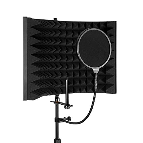 Aokeo Premium Microphone Isolation Shield, Foldable Adjustable Studio Recording Microphone Isolator Panel, Constructed with Industrial Quality Aluminum, High-Density Absorbing Foam With Aokeo Stand