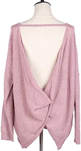 V-Neck Sexy Long Sleeve Choker Casual Loose Blouse Pullover Tops Knit Sweater Women Spring Clothing (M/L, dark pink)