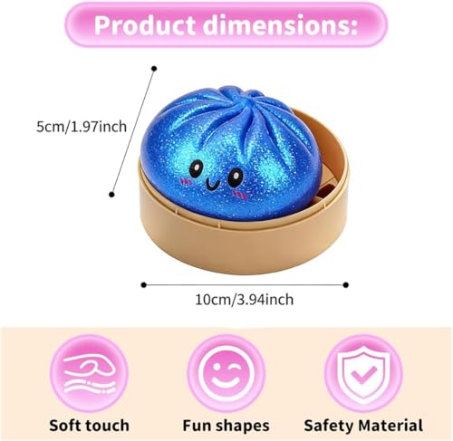 Glitter Dumpling,Blue Glitter Dumpling Squishies Box,Squeeze Dough Ball Stress Relief Hand Toys with Food Steamer Stretchy Desk Toys for Adults(Blue) (1)
