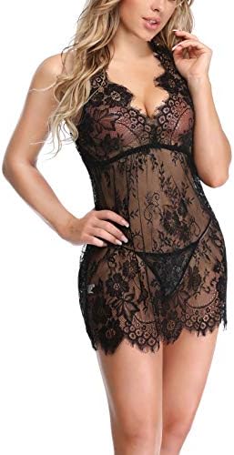 Santou Sexy Lingerie for Women Eyelash Floral Lace Chemise Babydoll Nightwear Set
