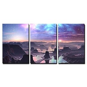 3 Piece Canvas Wall Art - Gaseous Aurora Over Mountainous Alien Landscape - Modern Home Art Stretched and Framed Ready to Hang - 16"x24"x3 Panels