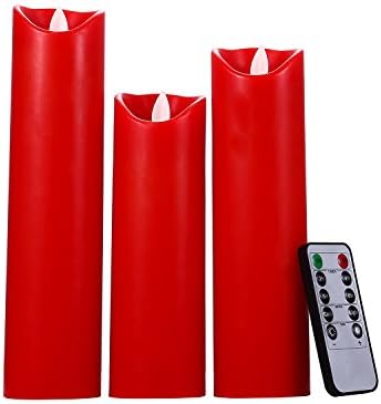 Kosole Flameless candles relistic Flickering LED Candles with AA Battery Operated 7"8"9" Set of 3 With 10 Key Remote Timer Function for Parties Gifts and Decoration Use, Color Red