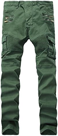 LAMCORD Men's Biker Skinny Slim Fit Stretch Crinkle Cargo Pants Denim Jeans, Army Green, W28