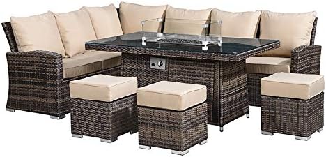 Nova - Cambridge 8 Seat Left Hand Casual Dining Corner Sofa Set - Firepit - Garden Patio Furniture Corner Sofa with Table & 3 Footstools - Flat Weave Rattan - Brown