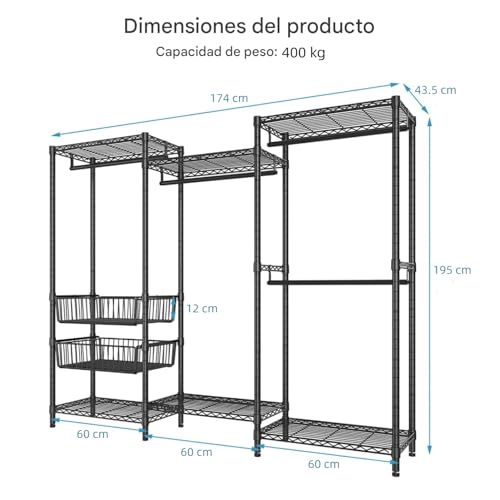 Perchero de Metal para Ropa con 2 Cestas Almacenamiento Deslizantes, Closet Armables de Ropa Multifunción, Perchero de Pie Carga de 400KG, 174 * 43.5 * 195cm, Negro