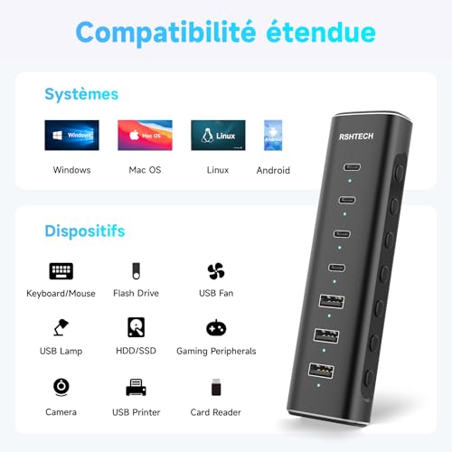 RSHTECH 36W USB C Powered Hub, 7 Ports (4C+3A) Aluminum USB-C 3.2 10Gbps Data Hub with 12V/3A AC Adapter and Detachable Cable 3.3 Feet