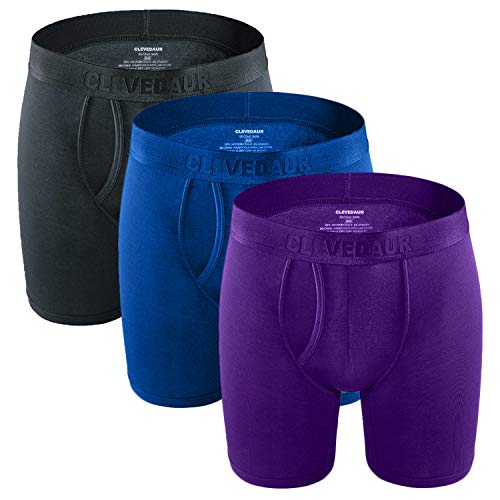 CLEVEDAUR Men's Underwear 6 Inches Modal Mens Boxer Briefs Open Fly, (Pack of 3) Grey/Blue/Purple, M