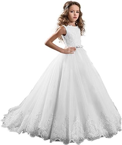Fanyudress Ivory Sequin Long Lace Tulle Ball Gown Flower Girl Dresses Communion Gowns J001 US8 White