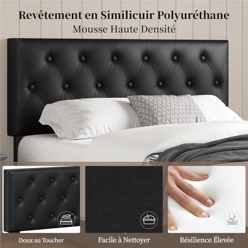 Yaheetech Bed Frame with Upholstered Headboard, Adjustable Height 140 x 200 cm, Beds Chests with Drawers, Slatted Base Double Metal Legs