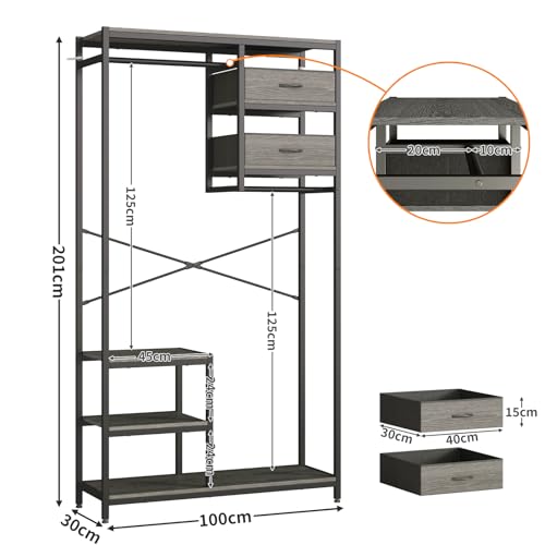 SIMPLE ESPACIO Armario Independiente, Organizador de Ropa, Perchero con Barra para Guardar Ropa, Sombreros, Armario Tela de Servicio Pesado para Dormitorio y Estudio,El tamaño es：201X100X30 CM (Gris)