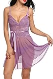 HOTOUCH Womens Babydoll Sleepwear Mesh and Lace Halter Lingerie Sexy Nightwear Set Lace Chemise Set