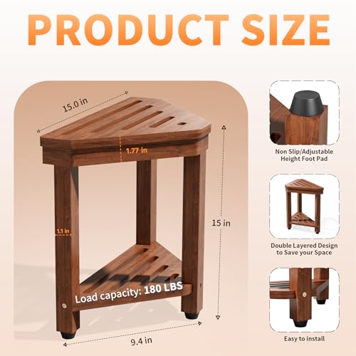 MISSEND Shower Foot Rest 15 in, Acacia Shower Stool for Shaving Legs,Corner Bath Shower Bench with Starage Shelf for Inside Small Shower Spaces