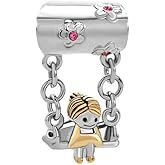 LSxAB Swing Charm Compatible with Pandora Charm Bracelets Women Pink Flower CZ Family Daughter Granddaughter Girlfriend Sister Birthday