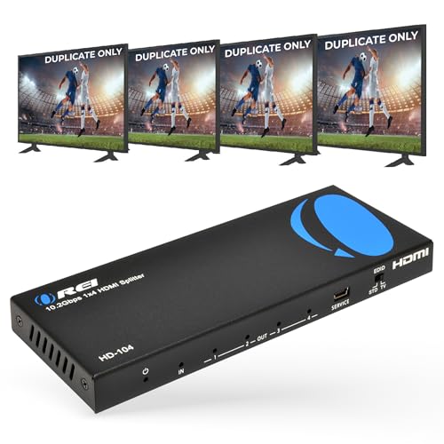 OREI 4K 1x4 HDMI Splitter by - 1 Port to 4 HDMI Display Duplicate/Mirror - Powered Splitter Ver 1.4 Certified for Full HD 1080P High Resolution & 3D Support (One Input To Four Outputs) - HD-104 Black