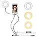 MeeQee Cell Phone Holder with Selfie Ring Light for Live Stream, Dimmable 3 Light Mode with Flexible Arms Phone Clip Holder Lazy Bracket Desk Lamp for Makeup, Youtube, Bedroom, Office, Kitchen - White