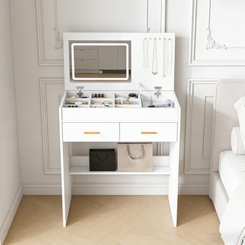 GDFStudio 31.5" Flip Top Vanity Desk with LED Lighted Mirror and Power Outlet,…
