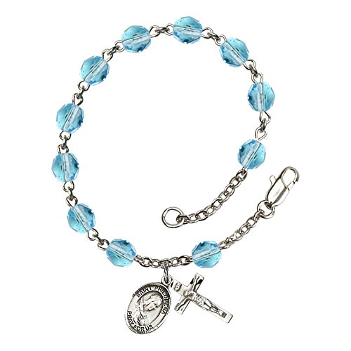 St. Philomena Silver Plate Rosary Bracelet 6mm March Light Blue Fire Polished Beads Crucifix Size 5/8 x 1/4 medal charm
