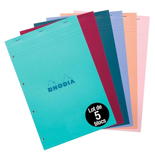 Rhodia 20295Cpack - Rhodia bloc agrafé COULEURS N°20 - A4+ 21x31,8 cm - Petits Carreaux - 80 F Détach - Perf 4 trous - Papier 80 g/m² - Couverture assorties en carte - Paquet DE 5 - Couleur Aléatoire