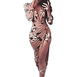 Teresamoon Floral Print Dress Women Autumn Winter Casual Long Sleeve Dress (Coffee, L)