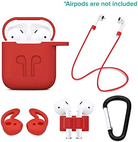 Casism AirPods Case 5 in 1 Airpods Accessories Kits Protective Silicone Case and Cover for Charging Case with Airpods Strap/Airpods Ear Hooks/Anti-Lost Carabiner/Airpods Watch Band Holder (Red)
