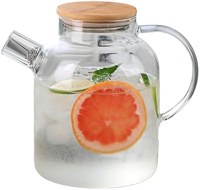 Brocca in Vetro con Coperchio, Caraffa per Acqua in Vetro Resistente Al Calore da 1,8 Litri 61oz con Manico per Bevande Calde e Fredde, Caraffa da Frigo in Vetro con Frusta