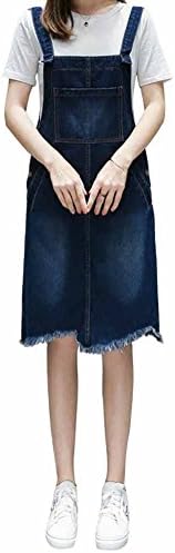 Elwow Lady's Casual Style A Line Plus Size Jeans Denim Pinafore Dungaree Knee Length Dress Skirt Jumpsuit Irregular Tassel