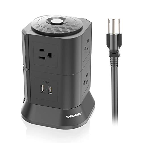 Black Surge Protector with USB SAFEMORE Power Strip Tower USB Charger 7 Outlets 2 USB Desk Plug Station with Overload Protection and 6.5ft Power Cable for Wireless Devices, Great Home decoration