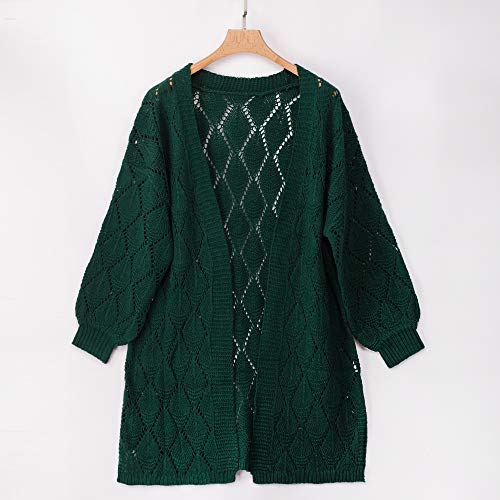 PRETTYGARDEN Women’s Elegant Solid Open Front Lantern Long Sleeve Hollow Out Side Split Chunky Knitted Long Outwear Coat (Green, Small)