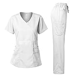 Women's Scrubs Set Stretch Ultra Soft Y-Neck Wrap Top and Pants White S