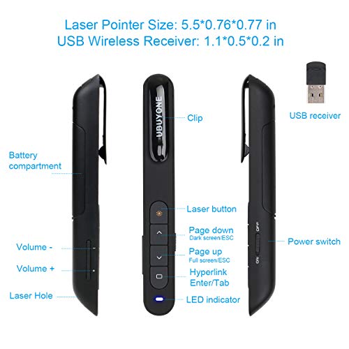 UBUYONE Wireless Presenter 2.4GHz with Hyperlink Volume Control Presenter Powerpoint Remote Control Clicker for PPT Presentation Pointer Pen with Clip (Black)
