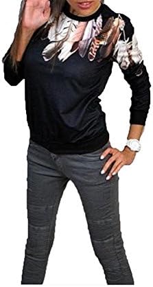 Kaured Nice Women's Chic Tri-Color Feather Pullover Printed Hoodie Top Black L