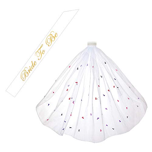 White Cute Naughty Bridal Wedding Veil Pencil Edge with Comb & Bride to Be Satin Sash- Bachelorette Party Decorations Supplies