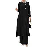 IDOPIP Abaya Dress for Women Muslim Set Long Sleeve Ramadan Islamic Dress Shirt with Pants 2PCS Dubai Prayer Casual Clothes