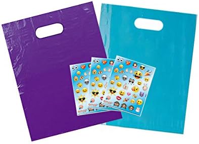 200 Glossy Purple and Teal Plastic Merchandise Bags 9x12" with emoji stickers, perfect for party favors and goodie bags