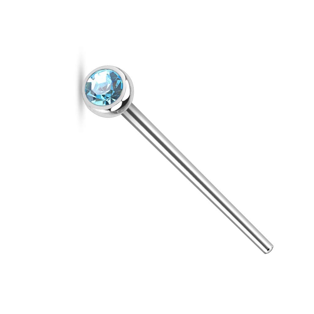 PiercedOff 316L Surgical Steel 0.8mm Fishtail Nose Stud with a 2.5mm Aqua CZ Gem - Length 19mm