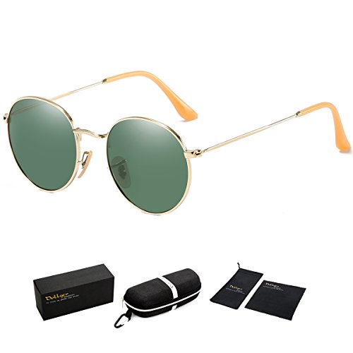 Dollger Lennon Style Vintage Circle Hippie Sunglasses with Polarized Lens (Crystal Green Lens+Gold Frame, Premium Polarized Lens)