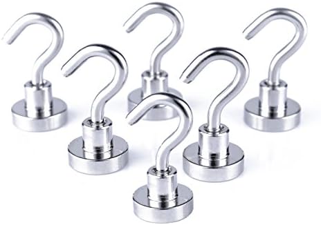Magnetic Hooks,Heavy Duty Powerful Neodymium Rare Earth Magnet Hook with 3 Layers' Ni Strong Corrosion Protection,Ideal for Indoor/Outdoor Hanging (Silvery White,Pack of 6)