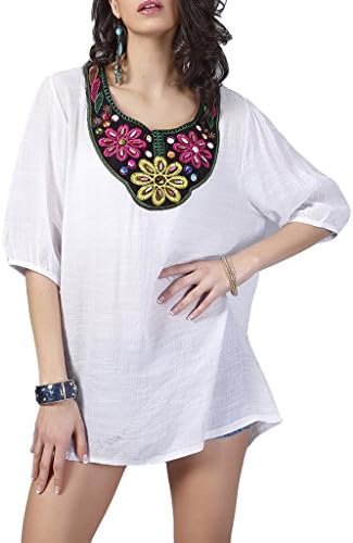 Leymor Women's 3/4 Sleeve Embroidered Mexican Peasant Mini Dress Top - XX-Large - White