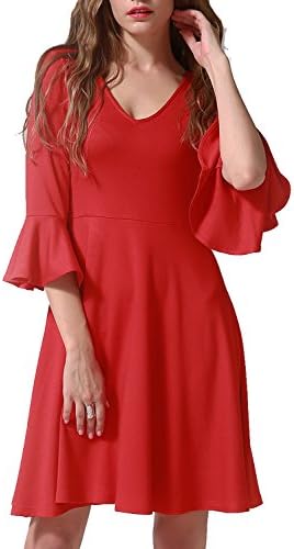 Chifave Women's 3/4 Bell Sleeve Casual V Neck A-Line Midi Skater Flare Cocktail Dress Red(XXL)