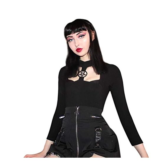 Enfei-Womens-Sexy-Hollow-Star-T-Shirt-Stitching-Ribbed-Crop-Top-Blouse-for-Gothic-Girl