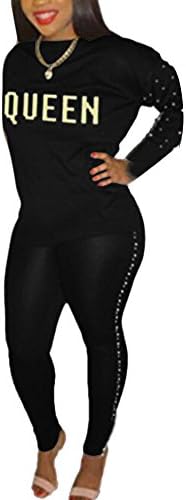 Remxi Women 2 Piece Outfits Tracksuit Mock Neck Rivet Sweatshirt and Skinny Long Pants Set Sweatsuit Black 2XL