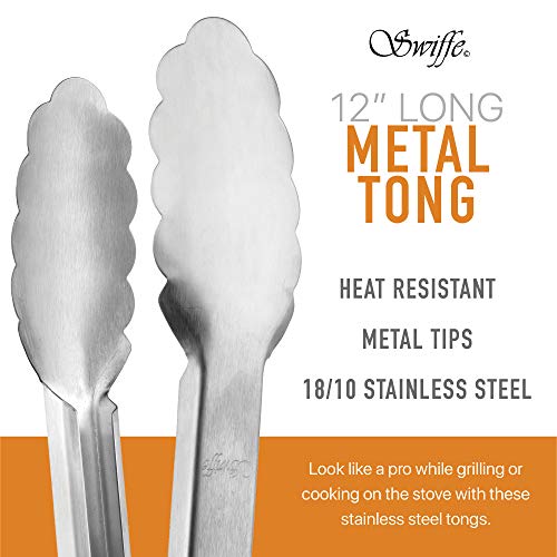 Swiffe Stainless Steel Set of 2 Kitchen Tong Set - Premium Multipurpose 9" with BPA Free Heat Resistant Silicone Tips and 12" with Metal Tips for BBQ, Grilling, Serving - Easy Lock, FDA Approved